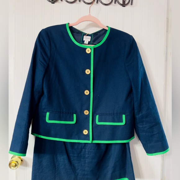 J.Crew Navy Blazer & Skirt Ser Sz 8 Green Trim with Gold Buttons - Picture 2 of 9